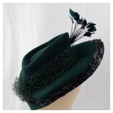 Jen Field Felts Green 100% Virgin Wool Hat with Feather & Veil Netting (Newmann)