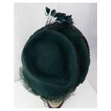 Jen Field Felts Green 100% Virgin Wool Hat with Feather & Veil Netting (Newmann)