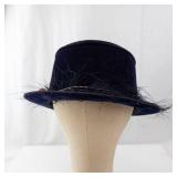 Navy Velvet Hat with Feathers & Pink Bead Accent