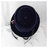 Navy Velvet Hat with Feathers & Pink Bead Accent