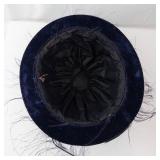 Navy Velvet Hat with Feathers & Pink Bead Accent