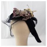Fascinator Hat - Black Floral Accent with Veil & Netting