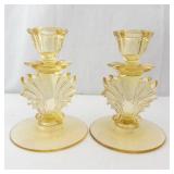 Fostoria Baroque Topaz Candlesticks - Flame Stem, Pair, 5 3/4 in Tall x 4 in Base