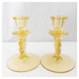 Fostoria Baroque Topaz Candlesticks - Flame Stem, Pair, 5 3/4 in Tall x 4 in Base