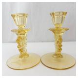 Fostoria Baroque Topaz Candlesticks - Flame Stem, Pair, 5 3/4 in Tall x 4 in Base