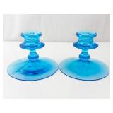 Pair of Fostoria Pioneer Blue Candlesticks