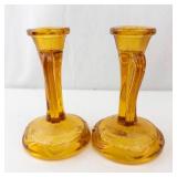 Bagley Rutland Amber Glass Candlesticks - Pair
