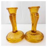 Bagley Rutland Amber Glass Candlesticks - Pair