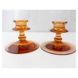 Fostoria Amber Wheat Candle Holders Pair - Round Base