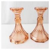 Fostoria Virginia Peach Candlestick Holders - Pink Glass Pair