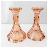 Fostoria Virginia Peach Candlestick Holders - Pink Glass Pair