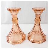 Fostoria Virginia Peach Candlestick Holders - Pink Glass Pair