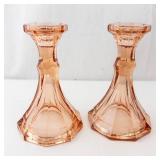 Fostoria Virginia Peach Candlestick Holders - Pink Glass Pair