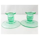 Green Glass Candlestick Holders - Pair for Taper Candles
