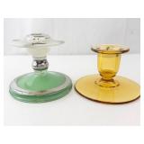 Green Glass Lamp Base with Frosted Shade & Amber Glass Candlestick (2-Piece Set)