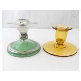 Green Glass Lamp Base with Frosted Shade & Amber Glass Candlestick (2-Piece Set)