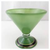 Green Frosted Glass Goblet - Stemmed Glass with Gold Trim and Black Band Base