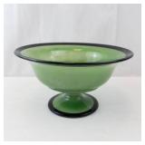 Depression Era Reverse Painted Green Glass Compote Bowl - Pedestal Base with Black Rim