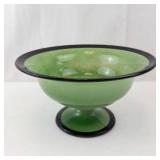 Depression Era Reverse Painted Green Glass Compote Bowl - Pedestal Base with Black Rim