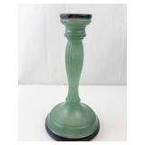 Indian Glass Finely Ribbed Green & Black Frosted Glass Candlestick Holder - Ribbed Stem, Black Base