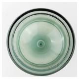 Indian Glass Finely Ribbed Green & Black Frosted Glass Candlestick Holder - Ribbed Stem, Black Base