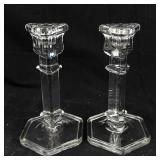 Glass Candlesticks - Pair, Octagonal Bases, Faceted Stems