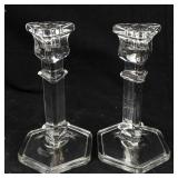 Glass Candlesticks - Pair, Octagonal Bases, Faceted Stems