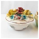 Two Italian Floral Lidded Porcelain Bowls - 2-Piece Set with Multicolor Rose Bouquets