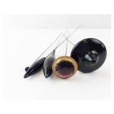 Hat Pins Vintage Assortment - Black Domed Discs, Gold Bezel Gem, Long Pendants