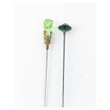 Hat Pins - Green Glass Gem Ends (Lot of 2)
