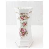 RS Prussia Hatpin Holder - Antique Porcelain Hexagonal Vase with Floral Bouquet