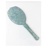 Vintage Art Deco Blue Hand Mirror with Floral Pattern - Translucent Plastic Handle