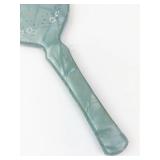 Vintage Art Deco Blue Hand Mirror with Floral Pattern - Translucent Plastic Handle