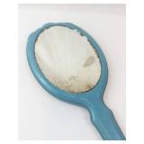 Vintage Art Deco Blue Hand Mirror with Floral Pattern - Translucent Plastic Handle