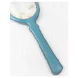 Vintage Art Deco Blue Hand Mirror with Floral Pattern - Translucent Plastic Handle