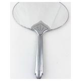 Vintage Art Deco Silver Hand Mirror - Round Vanity Mirror With Shield Crest Handle