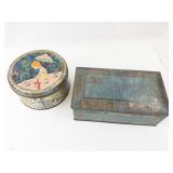 Decorative Tin Boxes (Lot of 2) - Round Painted Tin and Teal Blue Tin with Gold Filigree