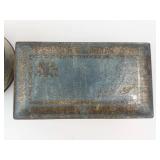 Decorative Tin Boxes (Lot of 2) - Round Painted Tin and Teal Blue Tin with Gold Filigree