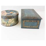 Decorative Tin Boxes (Lot of 2) - Round Painted Tin and Teal Blue Tin with Gold Filigree
