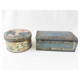 Decorative Tin Boxes (Lot of 2) - Round Painted Tin and Teal Blue Tin with Gold Filigree