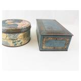 Decorative Tin Boxes (Lot of 2) - Round Painted Tin and Teal Blue Tin with Gold Filigree