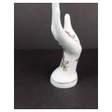 White Porcelain Hand Figurine with Pink Rose Floral Transfer