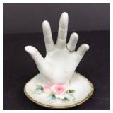 Porcelain Hand Ring Holder on Floral Plate - White Hand Sculpture