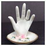 Porcelain Hand Ring Holder on Floral Plate - White Hand Sculpture