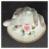 Porcelain Hand Ring Holder on Floral Plate - White Hand Sculpture
