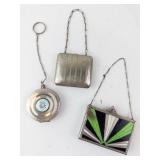 Vintage Silver Vanity Set - Powder Compact on Chain, Cigarette Case & Enamel Clutch on Chain