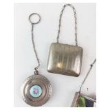Vintage Silver Vanity Set - Powder Compact on Chain, Cigarette Case & Enamel Clutch on Chain