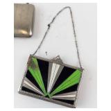 Vintage Silver Vanity Set - Powder Compact on Chain, Cigarette Case & Enamel Clutch on Chain