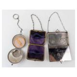 Vintage Silver Vanity Set - Powder Compact on Chain, Cigarette Case & Enamel Clutch on Chain