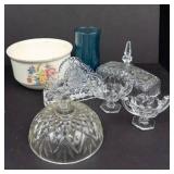 Glassware Collection: Diamond-Pattern Lidded Candy Dish Cover, Flower Bowls, Rectangular Pattern Box Lid